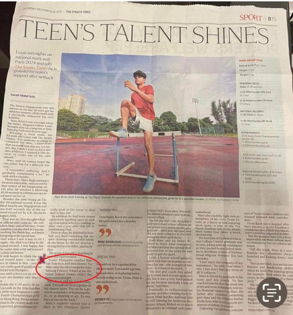 💡 Confidence and Success. Here is the actual article in the Straits Times’ published in 25 December 2021 about one of (SAGA Head Coach) Coach Rustan’s previous students Marc Brian. Do take note that our SAGA head coach, Coach Rustan was mentioned as one of Marc Brian’s key coaches when the athlete was studying in Sembawang Primary School. 📰